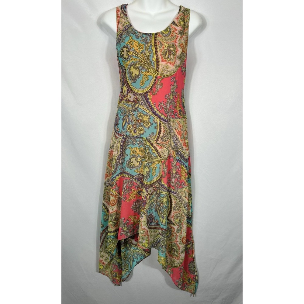 Robbie Bee Asymmetric Midi Dress Size 10‎ Paisley Floral Scarf Print Boho Fairy